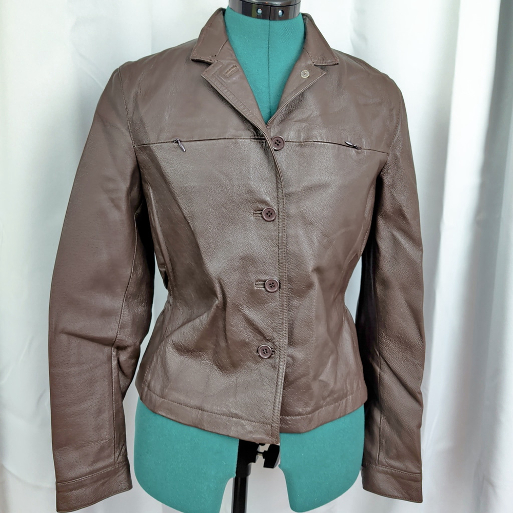 Vintage Ladies' Scrunch Waist Brown Leather Jacket 4 - Picture 1 of 8